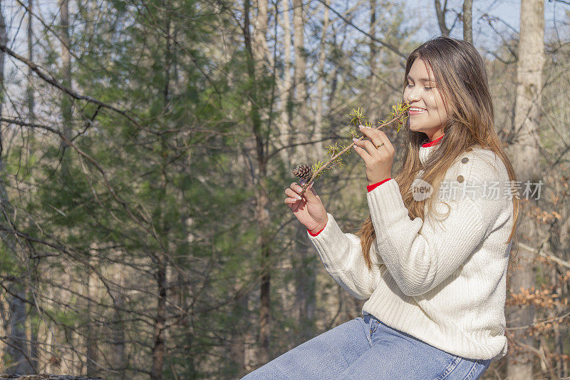 一个寒冷的感恩节/圣诞节秋天的早晨/下午，一位年轻的拉丁妇女在松冠森林中间休息时的画像。